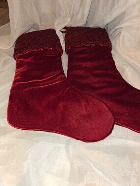 2 Dillards Trimsetters Christmas Stocking Burgandy Velvet Beaded/Sequins India